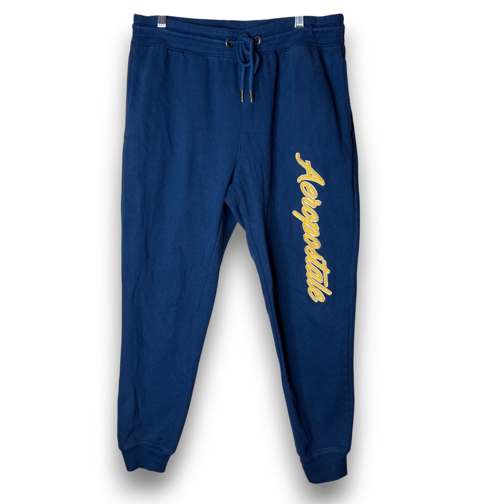 Aeropostale Men's Jogger Sweatpants Navy Blue Yellow Logo Drawstring Cuffed Sz M